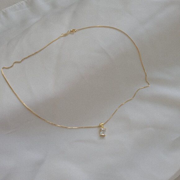 Baguette Rhinestone Charm Necklace Gold Filled on Box Chain - Picture 9 of 10